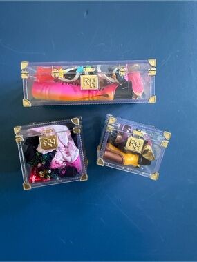 Three Rainbow High Doll Clear Acrylic Hinged Storage Trunks & Clothes